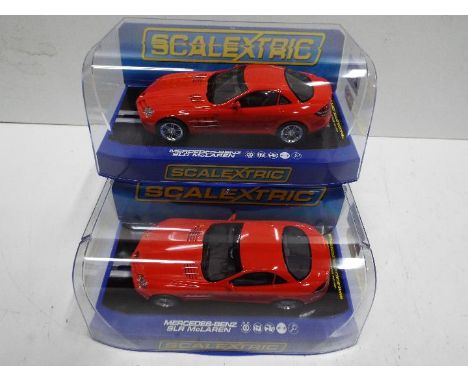 Scalextric - 2 x Slot Cars in 1:32 scale. Both are models # 3355, Mercedes Benz SLR McLarens.  Vehicles appear mint in perspe