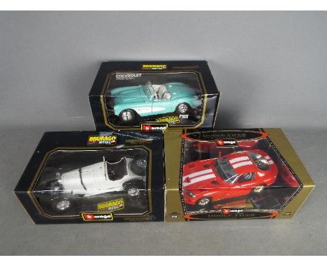 Bburago - A collection of 3 x boxed 1:18 scale cars, # 3024 1957 Chevrolet Corvette, # 3002 1931 Mercedes Benz SSKL, # 3375 1