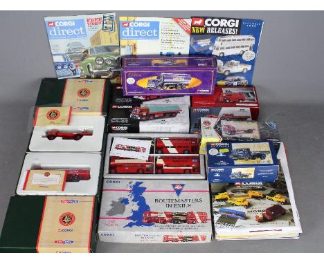 Corgi - A collection of 10 x boxed truck and bus models and a quantity of Corgi brochures. Includes # CC10204 ERF 6 wheel dro
