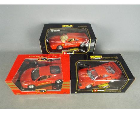 Bburago - 3 x boxed 1:18 scale Ferrari models, # 3027 1984 GTO, # 3032 1987 F40, # 3358 360 Modena. All the cars appear Mint 