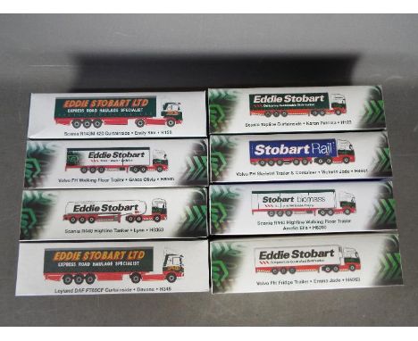 Atlas - A collection of 8 x boxed Eddie Stobart trucks in 1:76 scale including # H4941 Volvo FH skeletal trailer with contain