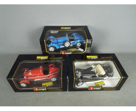 Bburago - A group of 3 x boxed cars in 1:18 scale, # 3020 Mercedes Benz 500K Roadster, # 3014 Alfa Romeo 8C 2300, # 3005 Buga