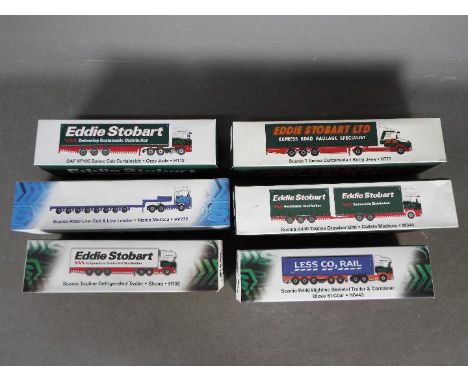 Atlas - A collection of 6 x boxed Eddie Stobart trucks in 1:76 scale including # H132 Scania Topline refrigerated trailer Sho