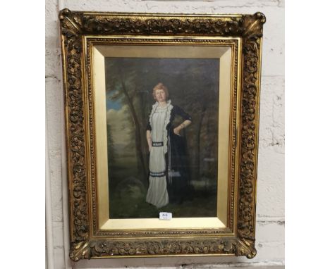 19thC Portrait – Oil on Canvas - of a Lady wearing a white dress and blue velvet coat, standing in a forest setting, 52cm x 3