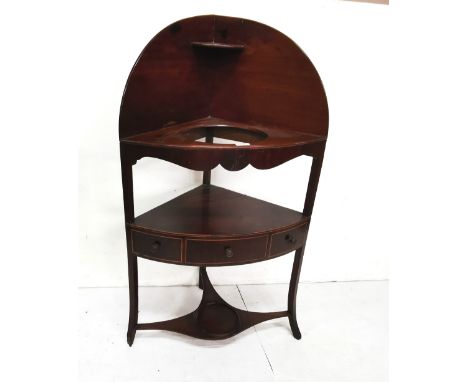 Georgian Mahogany Corner Washstand, a raised gallery over a owl well, stretcher shelf with one apron drawer (&amp; 2 faux dra