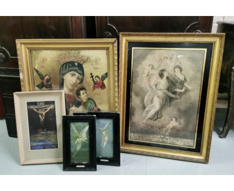 6 Pictures of Religious Interest - large Lithograph of Angels (67cm x 90cmH) (frame in very good condition, picture damaged a