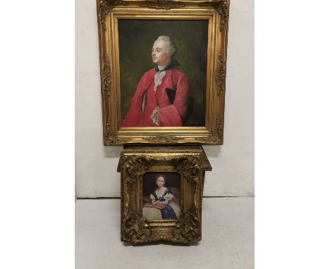 2 modern Portraits – oil of Georgian Gent wearing a red blazer 60cm x 50cm &amp; a small (reproduction) portrait of a girl we