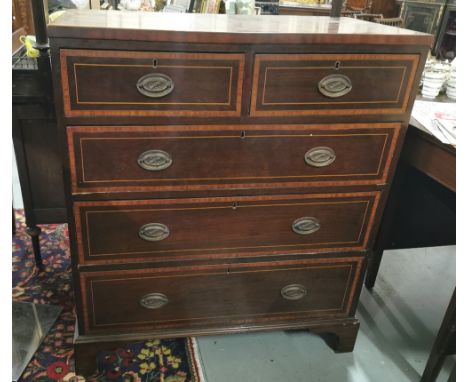 Georgian Mahogany Chest of Drawers, line inlaid with satinwood – 2 short drawers and 3 long drawers (oval brass handles), bra