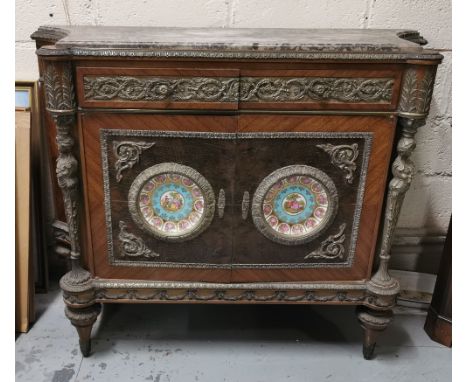 Kingwood Side Cabinet, French reproduction, a grey and beige marble top over inverted bow sides, opening to an internal shelf