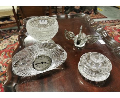 4 Crystal Items - Waterford Mantle Clock, tall Bon Bon Dish (possibly old Waterford), Butter Dish, swan mounted trinket dish 