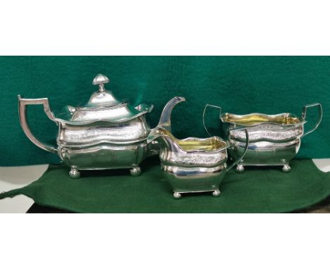 Three Piece Irish Georgian Silver Tea Service, of large proportions, dated 1838, comprising of a Teapot, Sugar Bowl and Cream