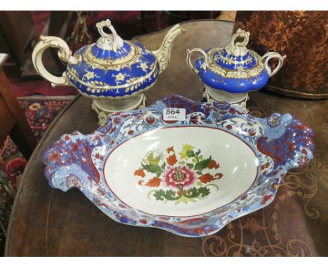 Spode Fruit Dish on stand, floral decorated &amp; a blue glazed Victorian teapot and matching sugar bowl with lid (3)