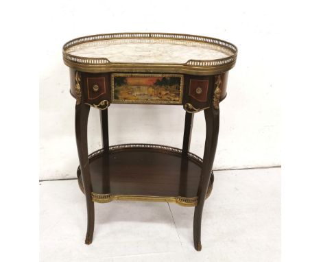 Small French Occasional Table, a brass gallery to the kidney shaped top, fitted with beige marble, over an apron drawer and p