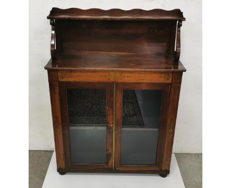 19thC Rosewood Chiffioner, an upper galleried shelf over a brass inlaid cabinet with two glass doors, brass beaded mounts, en