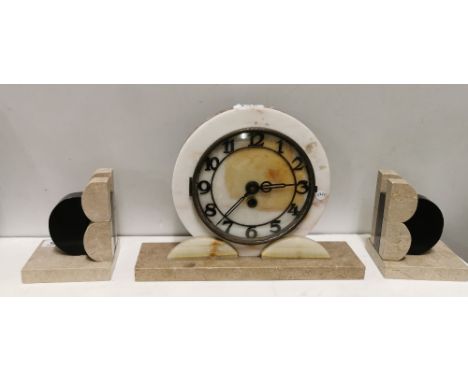 3 Piece Art Deco Marble Cased Clock Set – beige marble with black highlights (Mantle Clock &amp; Pair of Side Stands)