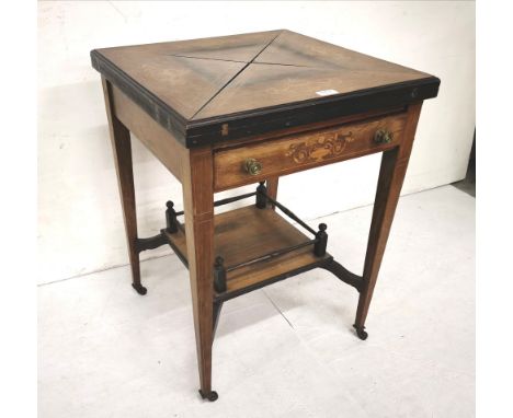 Edw. Rosewood Envelope Style Card Table, satinwood inlay, green baize interior, on tapered legs, stretcher shelf 