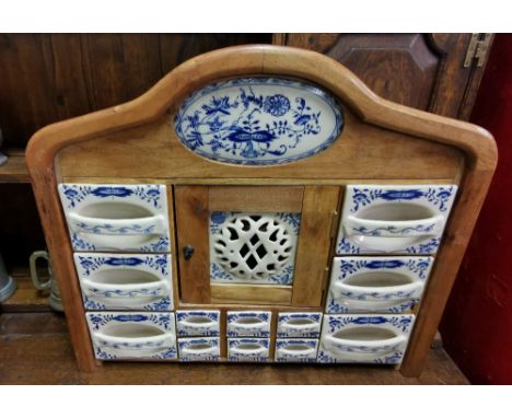 Large Wall Hanging Spice Rack – an arrangement of blue and white semi-porcelain drawers, in an oak cabinet, 63cmW x 56cmH