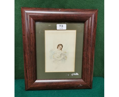 Watercolour Portrait of a Seated Lady Reading a Letter, signed C Marsh?, 18cm x 13cm, green mount, rosewood frame