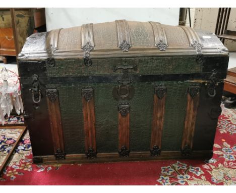 Edwardian Domed-Top Travel Trunk with carrying handles, brown and green faux crocodile skin top, original lined interior 92cm