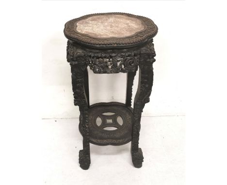 19thC Chinese carved hardwood Jardinere Stand, a brown veined and shaped marble insert within a carved surround featuring dra