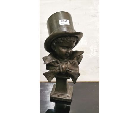 Victorian style Head and Shoulders Portrait Bust of a child wearing a top hat raised on square base marked Houndonf 1823 40cm