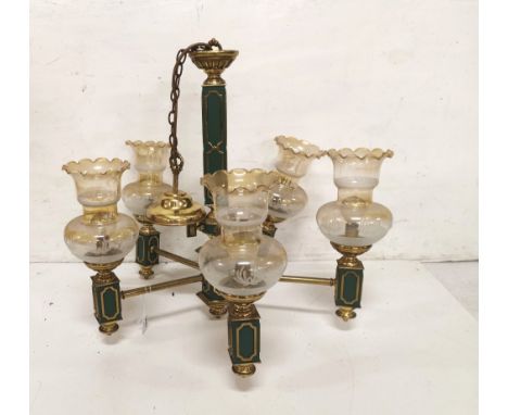 1950’s Brass Framed Ceiling Light, with Green Enamel Style Backs, Brass Mounts, 5 arms with etched glass shades, 53cmH x 55cm