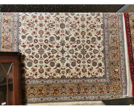 Ivory ground Kashmir Carpet, all over floral pattern, unique gold border, 2m x 3m