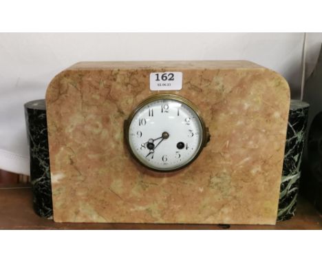 Art Deco Beige/Red Marble Mantle Clock, with green marble half moon shaped mounts to either end, white dial, 21w x 43cmW