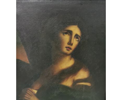 19thC Oil on Canvas, Head and Shoulder Portrait of a Contemplative Woman, her hair covering slight nudity, her hands clasped,