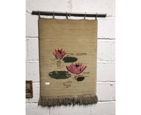 “Connemara Carpet” Wool Wall Hanging, “Pond Lillies”, cream ground, 84cmH x 60cmW