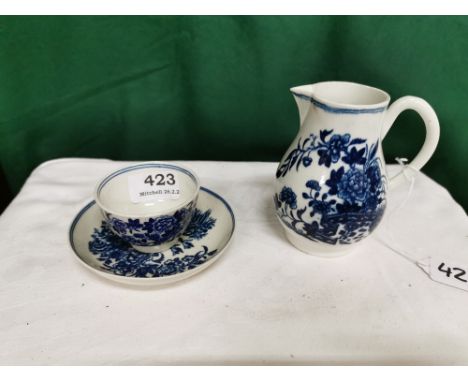 Worcester Porcelain Blue and White Milk/Cream Jug – Three Flower Pattern - (11cm h), with a matching Tea Bowl and Saucer (7cm