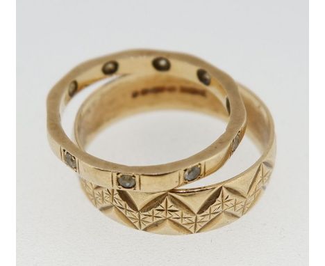 A 9 carat gold wedding band and a 9 carat gold eternity ring set white stones, 3.6g 