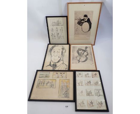 Leonard Creo - watercolour portrait and five other sketches and prints 