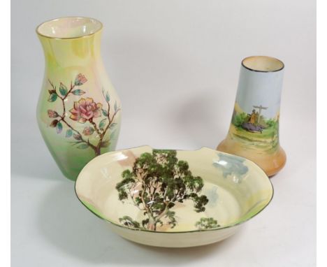 A Royal Doulton bowl printed landscape, a Winton lustre vase and a Burleigh Ware vase 