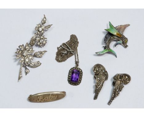 A silver and paste spray brooch, silver baby brooch, silver and amethyst pendant, silver and marcasite earrings and marcasite