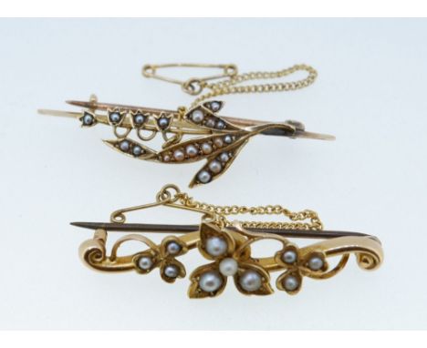 Two Edwardian 9 carat gold and seed pearl bar brooches, 5.9g