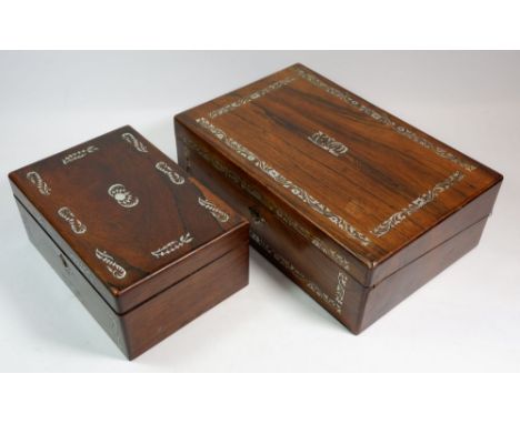 Two 19th century rosewood and mother of pearl inlaid boxes lacking interiors, largest 35cm wide
