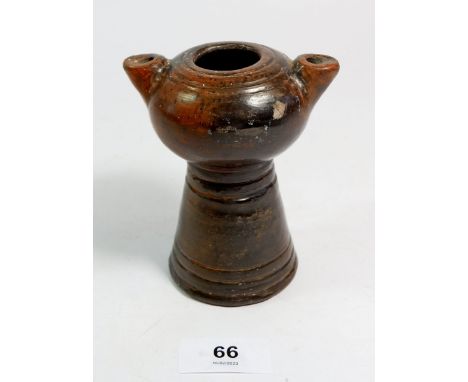 An early stoneware double spouted oil lamp possibly Egyptian, Roman etc. 10cm 