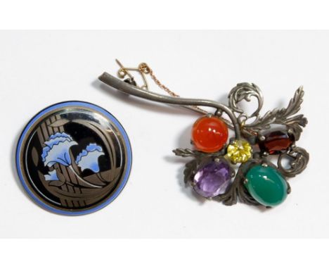 A silver stone set flower brooch and a Michaela Frey enamel brooch 