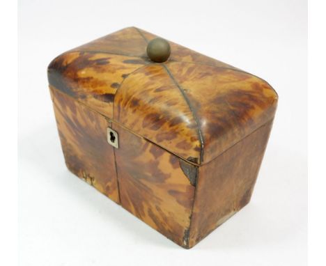 A 19th century tortoiseshell tea caddy with two interior lids, hinge a/f, 16.5cm wide 