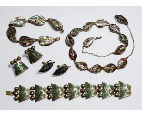 A Taxco silver and green enamel bracelet and earrings plus a Taxco silver and abalone necklace, earrings and bracelet set 