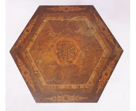 An Edwardian hexagonal gypsy table with marquetry design on tripod bobbin supports, 71cm high 