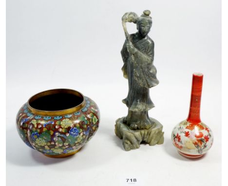 A Chinese cloisonne enamel lobed floral bowl, a carved jade figure and a Kutani vase