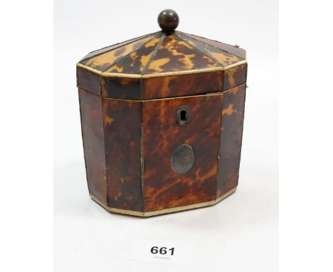 A Georgian tortoiseshell clad tea caddy with bone stringing, 13cm tall 