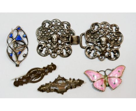 A silver nurses buckle, Chester 1917, two Edwardian silver brooches and two silver and enamel brooches - a/f 