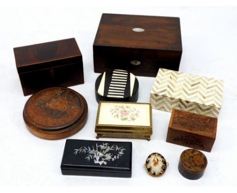 A collection of various boxes including 19th century rosewood work boxes and a tea caddy 