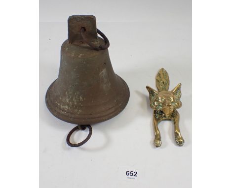 An old bell and a brass fox door knocker, 17cm 