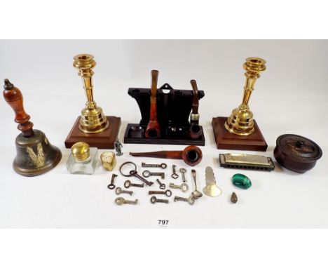 Various collectables including keys, harmonica and brass candlesticks 