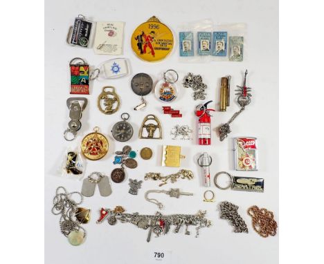 A box of collectables including compass, lighters and keyrings etc. 