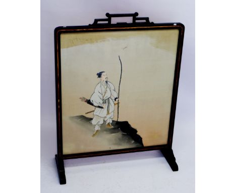 A Japanese black lacquer framed fire screen painted huntsman with bow and arrow and sword, with letter of provenance, 73 x 97